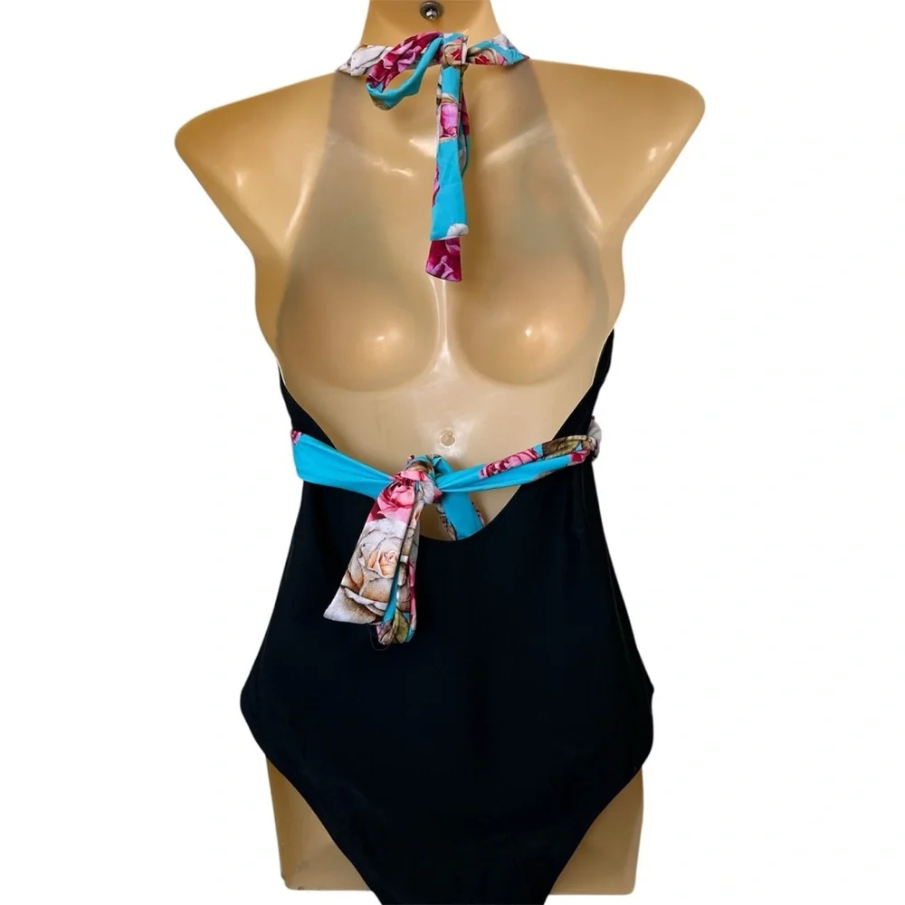 Cupshe Floral & Black Halter One-Piece Swimsuit
